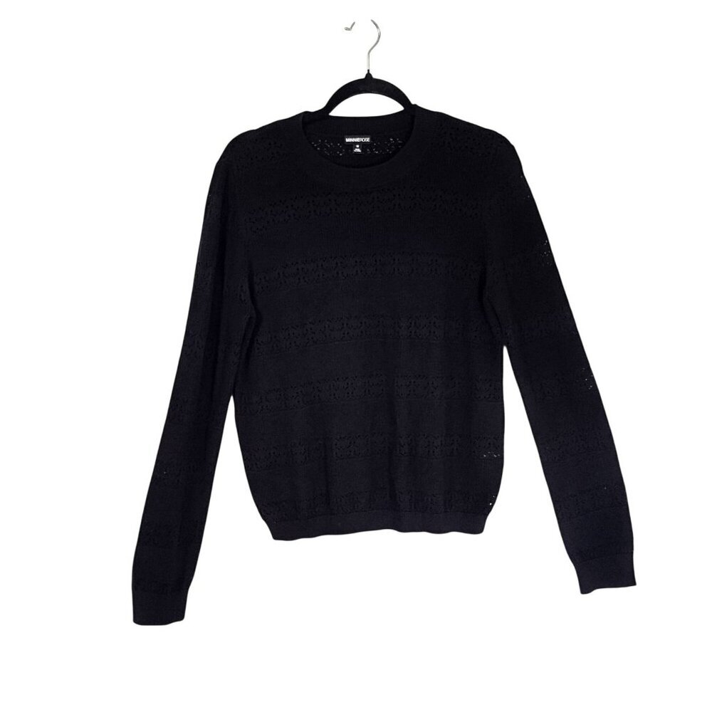 Minnie Rose Knit Sweater Black Crew Neck Lace Sz M Cashmere & Cotton Womens Top